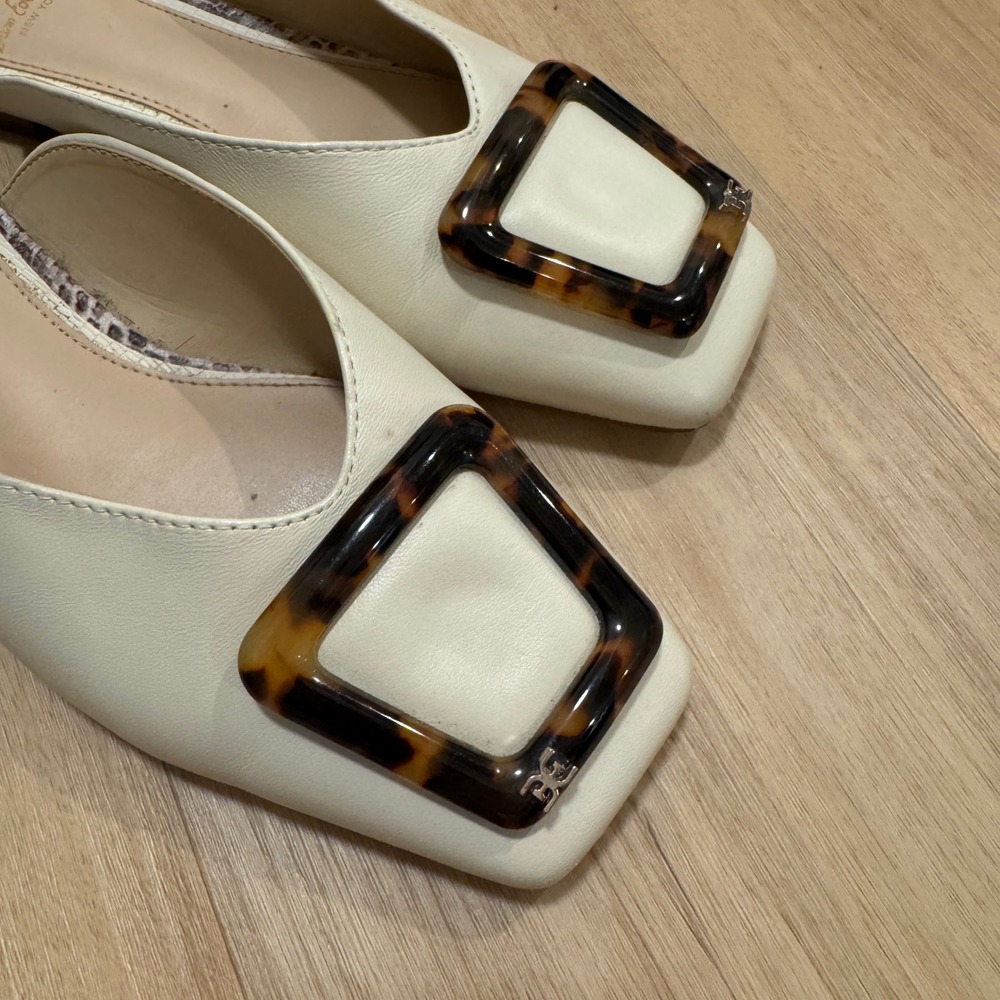 Sam Edelman Jolee Ivory Leather Tortoise Buckle Square Toe Mules Flat Womens 6.5 - Picture 3 of 8